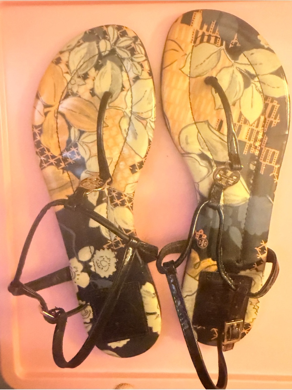 Tory Burch Black Floral Print T-Strap Sandals